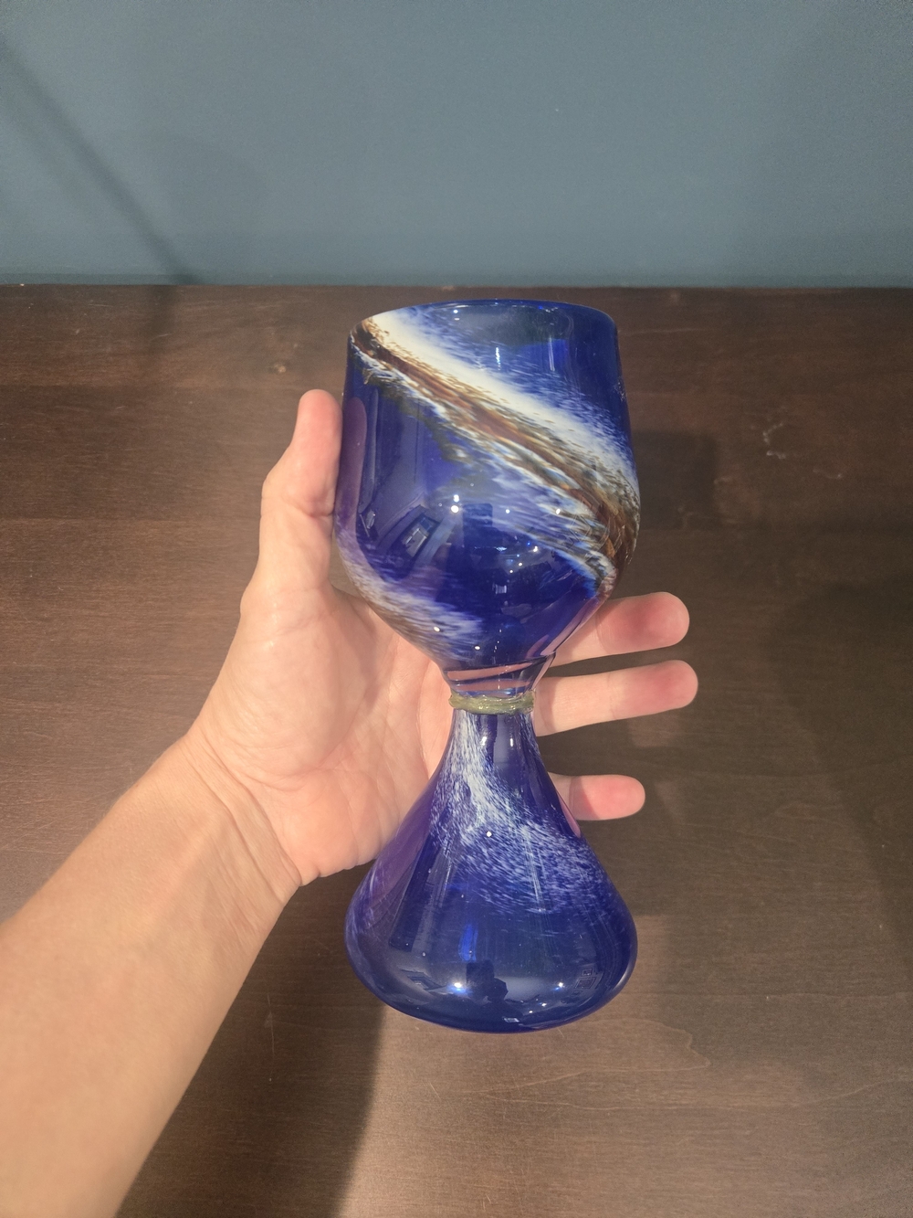 Handblown 8 oz Blue Swirl Chalice Goblet Wine Glass